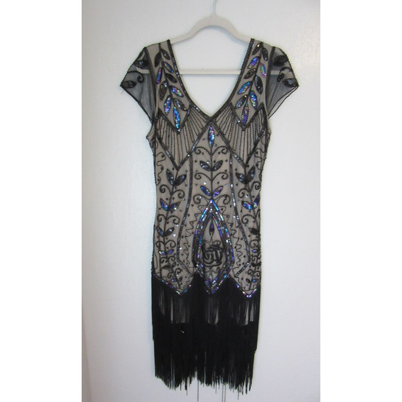 UniqueVintage Dresses & Skirts - UNIQUE VINTAGE Black Sequins Beads Flapper M Roaring 20's Fringe Dress BR59
